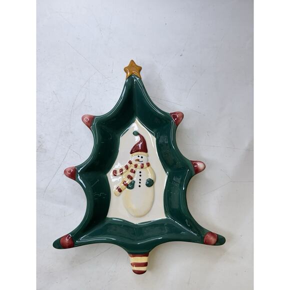 Vintage Christmas Tree-Shaped Candy Dish Spoon Snowman Hand Painted ND Exclusive - Picture 2 of 5